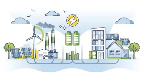 Die Grafik zeigt eine zukünftige Stadt, in deren Mitte symbolisch eine große Batterie steht.